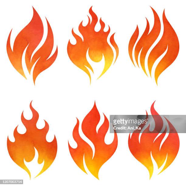 ilustraciones, imágenes clip art, dibujos animados e iconos de stock de iconos de llamas de acuarela - fuego