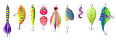 Set of modern colorful fishing bait, different form
