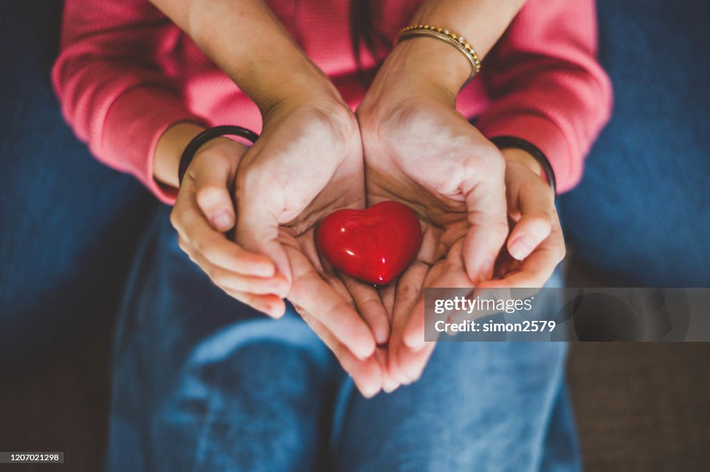 Volwassen en kindhanden die rood hart houden