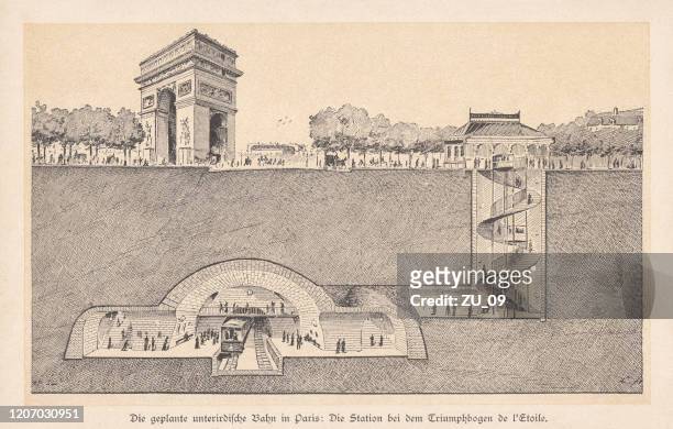ilustrações, clipart, desenhos animados e ícones de estação de metrô place de l'étoile em paris, xilogilha, publicado em 1895 - escada caracol