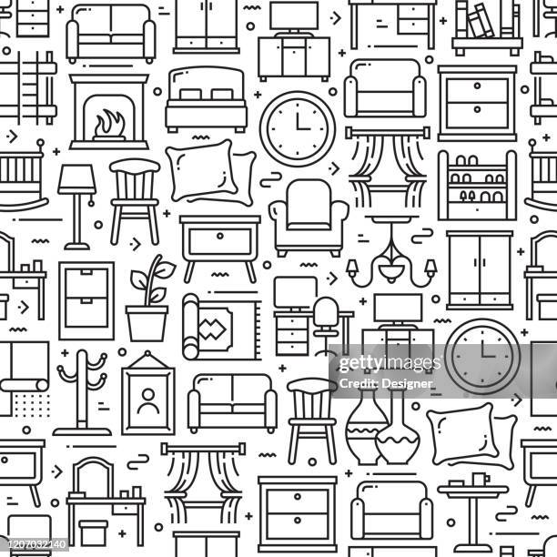illustrations, cliparts, dessins animés et icônes de meubles liés à un motif et un fond sans couture avec des icônes de ligne. accident vasculaire cérébral modifiable - cozy home background