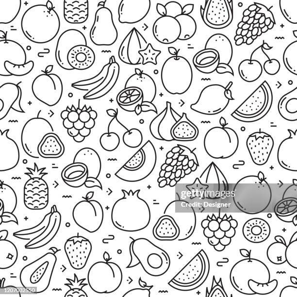 fruits related seamless pattern and background with line icons. editable stroke - papaya stock illustrations