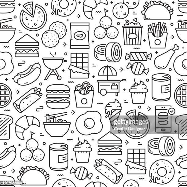 fast food related seamless pattern and background with line icons. editable stroke - squid stock illustrations