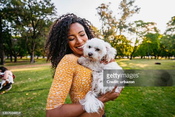bella donna e il suo cane nel parco - animale domestico foto e immagini stock