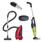 Vacuum cleaner. Realistic equipment for cleaning service modern automatic cleaner vector collection