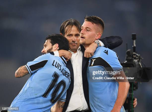 Head coach SS Lazio Simone Inzaghi, Luis Alberto and Sergej Milinkovic Savic celebrate at the end of the Serie A match between SS Lazio and FC...