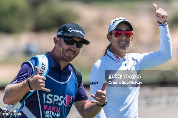 Maria Fassi of Mexico and her caddy wave to the camera during day four of the 2020 ISPS HANDA Women's Australian Open at Royal Adelaide Golf Club on...