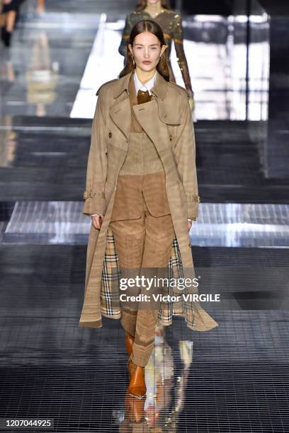Model walks the runway at the Burberry Ready to Wear Fall/Winter 2020-2021 fashion show during London Fashion Week on February 17, 2020 in London,...