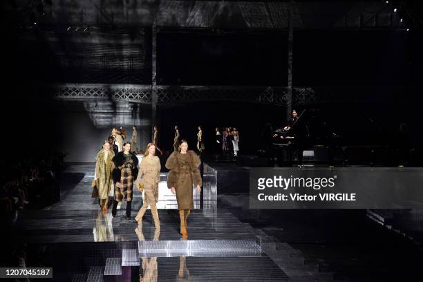 Model walks the runway at the Burberry Ready to Wear Fall/Winter 2020-2021 fashion show during London Fashion Week on February 17, 2020 in London,...