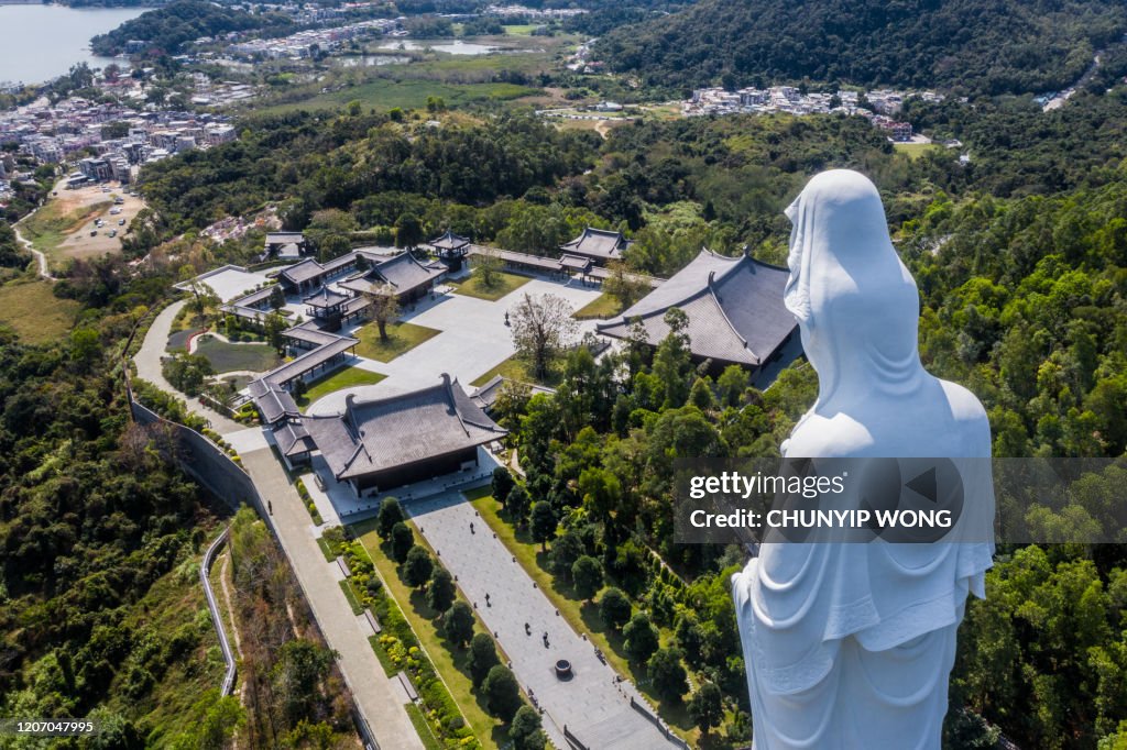 The Guanyin statue inside Tsz Shan buddhist monastery in Tai Po, Hong Kong
