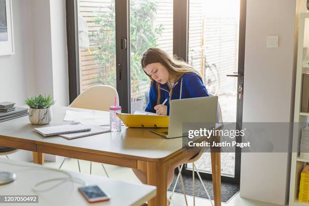 teenage girl revising on dining table - homework table stock pictures, royalty-free photos & images