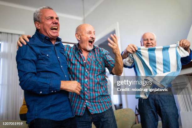 amigos seniores torcendo sua equipe nacional enquanto assistem jogo na tv em casa - salta argentina - fotografias e filmes do acervo