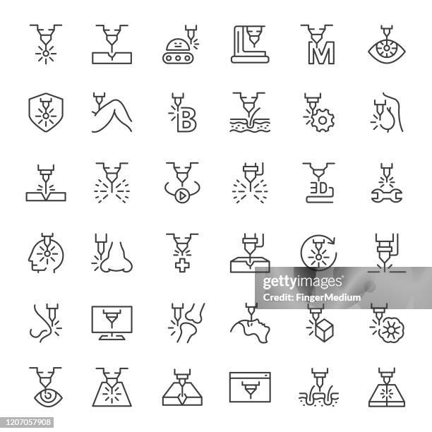 ilustrações de stock, clip art, desenhos animados e ícones de laser line icon set - aparelho-de-soldar-a-laser