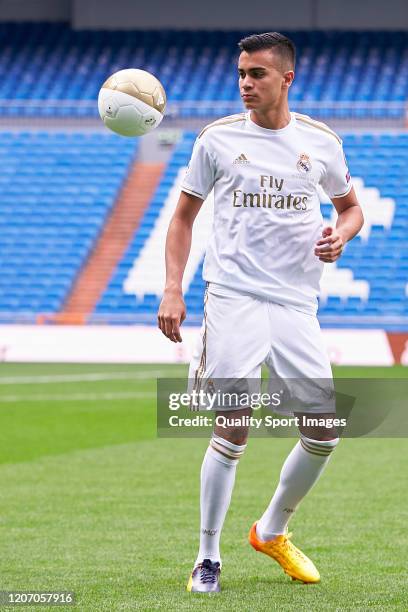 Reinier Jesus of Real Madrid with the ball as they unveil new signing Reinier Jesus Carvalho at Estadio Santiago Bernabeu on February 18, 2020 in...