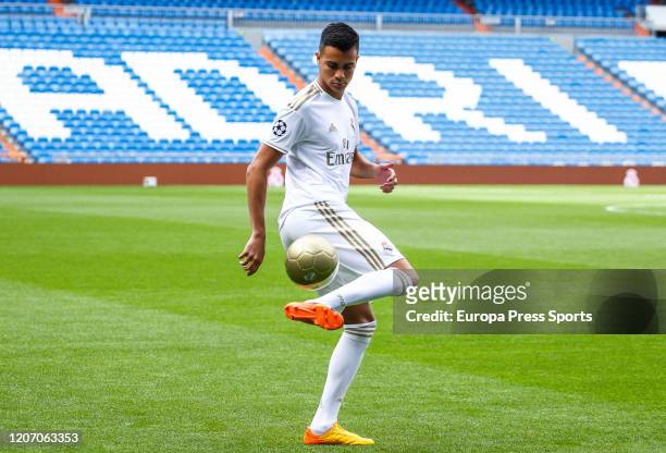 Reinier Jesus Carvalho poses for photo durign his presentation as a new player of Real Madrid CF at Santiago Bernabeu stadium on February 19, 2020 in...