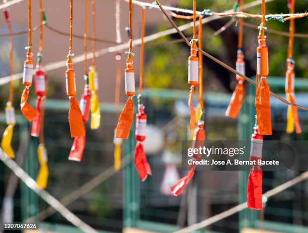 large rockets prepared for a daytime fireworks display, (mascleta). - petard stock pictures, royalty-free photos & images