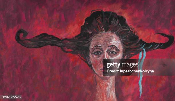 fashionable retro illustration allegory work of art oil painting on canvas impressionism horizontal symbolic portrait face girl with a long neck and long black hair on a red fiery background - thick white women stock illustrations