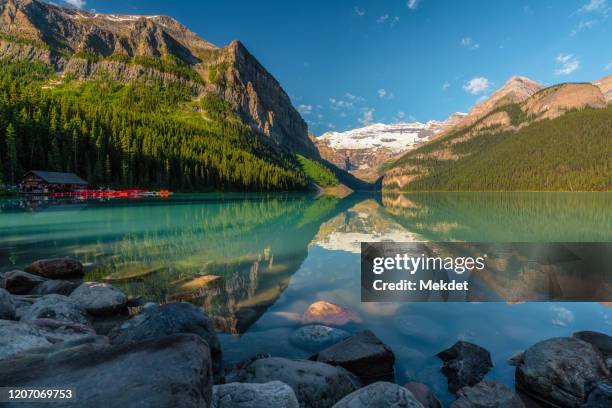 the morning view of lake louise in summer, banff national park, alberta, canada - lake louise stock pictures, royalty-free photos & images