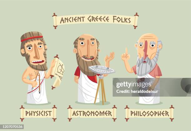 ilustraciones, imágenes clip art, dibujos animados e iconos de stock de conjunto de personajes de la antigua grecia - physicist
