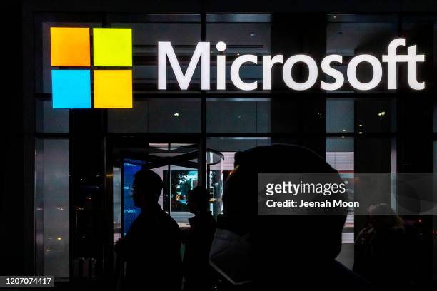 Signage of Microsoft is seen on March 13, 2020 in New York City. Co-founder and former CEO of Microsoft Bill Gates steps down from Microsoft board to...
