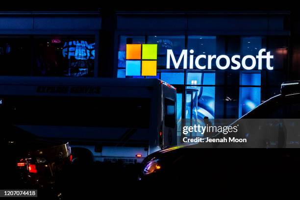 Signage of Microsoft is seen on March 13, 2020 in New York City. Co-founder and former CEO of Microsoft Bill Gates steps down from Microsoft board to...