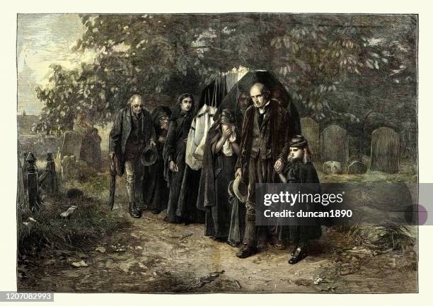 ilustraciones, imágenes clip art, dibujos animados e iconos de stock de funeral de pueblo victoriano, familia que lleva el ataúd a la tumba - funeral