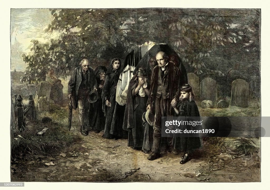 Victorian Village Funeral, greaving family leading coffin to the grave