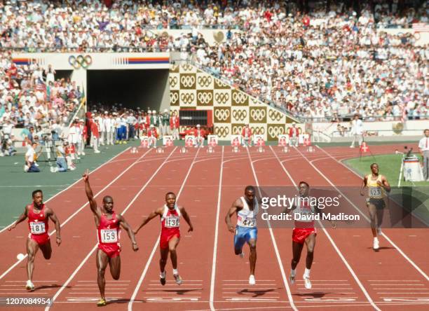 Desai Williams of Canada, Ben Johnson of Canada, Calvin Smith of the USA, Linford Christie of Great Britain, Carl Lewis of the USA, and Raymond...
