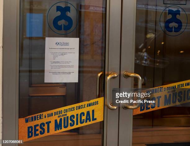 Notification on cancellation of Come from away on Broadway musical because of COVID-19 outbreak at Gerald Schoenfeld Theatre.