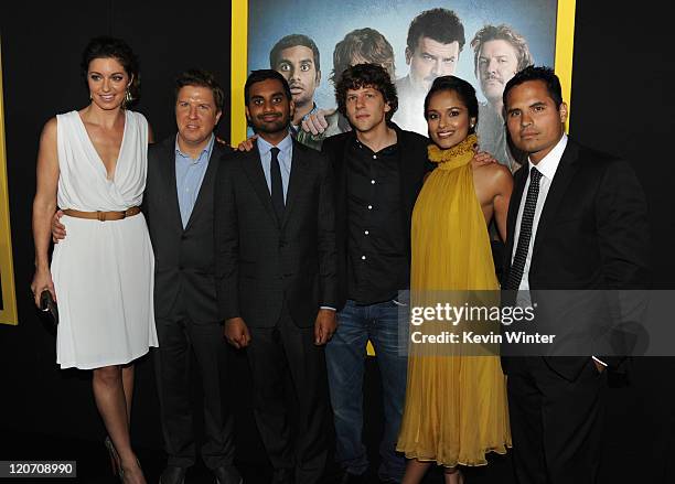 Actors Bianca Kajlich, Nick Swardson, Aziz Ansari, Jesse Eisenberg, Dilshad Vadsaria and Michael Pena arrive at the premiere of Columbia Pictures'...