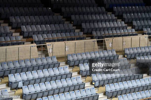 Empty seats are pictured at a Kawasaki Brave Thunders and Levanga Hokkaido Japanese B.League basketball match that has been held behind closed doors...