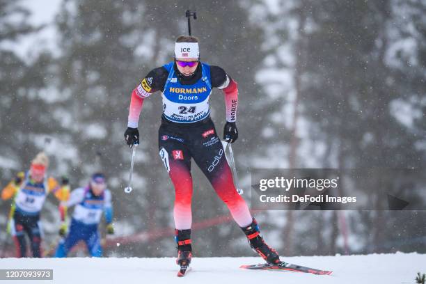 Synnoeve Solemdal of Norway in action competes during the Women 7.5 km Sprint Competition at the BMW IBU World Cup Biathlon Kontiolahti at on March...