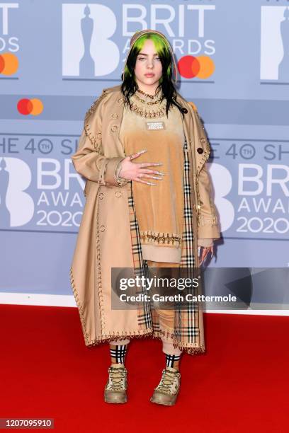 Billie Eilish attends The BRIT Awards 2020 at The O2 Arena on February 18, 2020 in London, England.