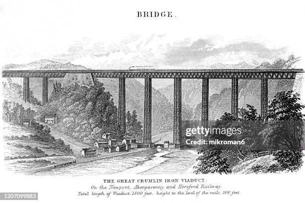 old engraved illustration of the great crumlin iron viaduct, popular encyclopedia published 1894 - crumlin viaduct stock pictures, royalty-free photos & images