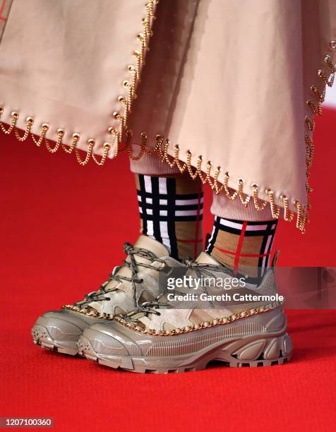 Billie Eilish, shoe detail attends The BRIT Awards 2020 at The O2 Arena on February 18, 2020 in London, England.