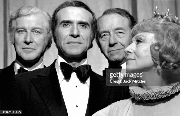 The cast of 'Don Juan in Hell' on Broadway, New York, New York, January 1973. Pictured are Ricardo Montalban, Agnes Moorehead, Paul Henreid, and...