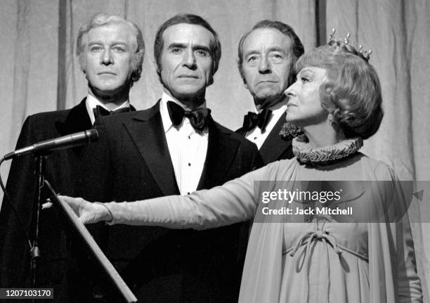 The cast of 'Don Juan in Hell' on Broadway, New York, New York, January 1973. Pictured are Ricardo Montalban, Agnes Moorehead, Paul Henreid, and...