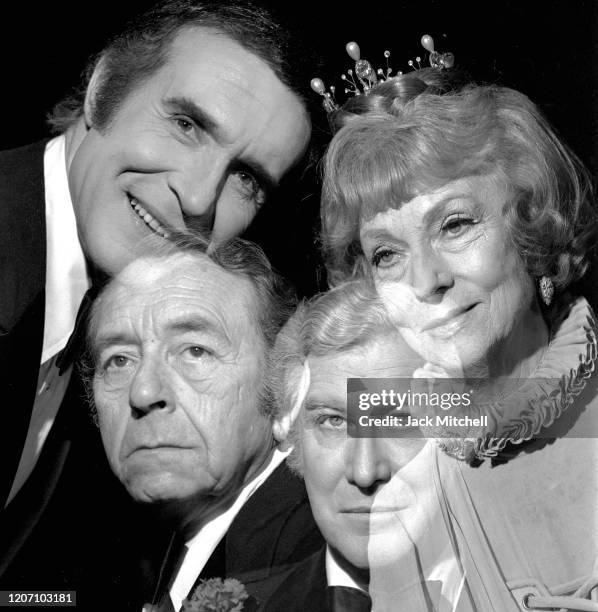 Multiple-expose view of the cast of 'Don Juan in Hell' on Broadway, New York, New York, January 1973. Pictured are Ricardo Montalban, Agnes...