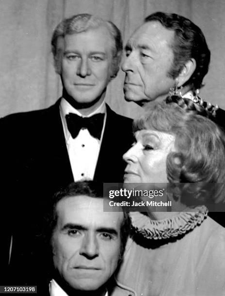 The cast of 'Don Juan in Hell' on Broadway, New York, New York, January 1973. Pictured are Ricardo Montalban, Agnes Moorehead, Paul Henreid, and...