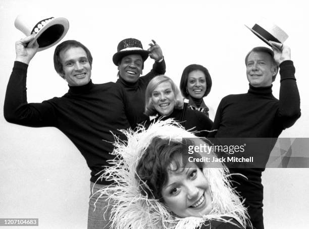 Portrait of the cast of the Off-Broadway show 'Music, Music!,' March 1974. Pictured are Gene Nelson, Larry Kert, Karen Morrow, Donna McKechnie,...