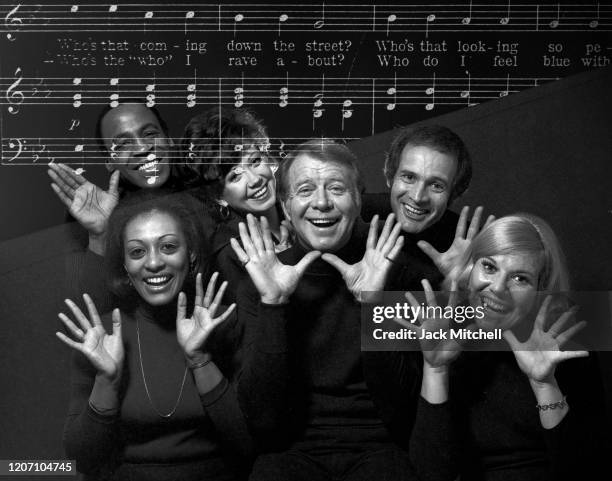 Portrait of the cast of the Off-Broadway show 'Music, Music!,' March 1974. Pictured are Gene Nelson, Larry Kert, Karen Morrow, Donna McKechnie,...