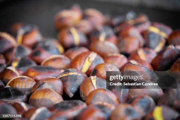 delicious roasted chestnuts, home life in england. - maroni stock-fotos und bilder