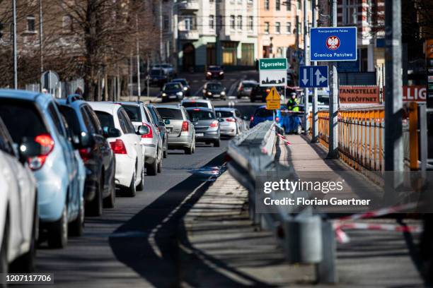 Traffic jam at the border between Goerlitz and Zgorzelec is pictured on March 14, 2020 in Zgorzelec, Poland. Poland and Czech Republic decide to...