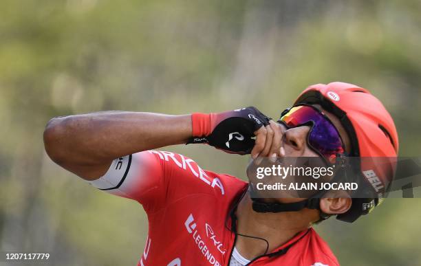 Team Arkea Samsic Colombian rider Nairo Quintana celebrates as he crosses the finish line at the end of the 166,5 km, 7th stage of the 78th Paris -...