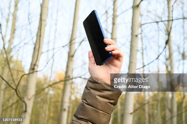 close up of woman hand holding a the cell phone in the forest. - signal stock pictures, royalty-free photos & images