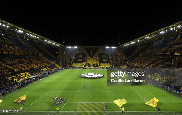General view inside the stadium prior to the UEFA Champions League round of 16 first leg match between Borussia Dortmund and Paris Saint-Germain at...