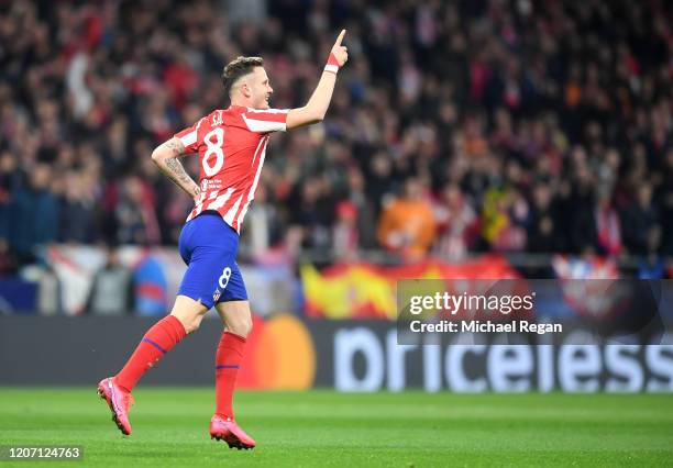 Saul Niguez of Atletico Madrid celebrates after scoring his team's first goal during the UEFA Champions League round of 16 first leg match between...