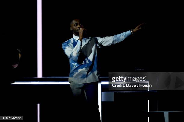 Dave performs on stage at The BRIT Awards 2020 at The O2 Arena on February 18, 2020 in London, England.