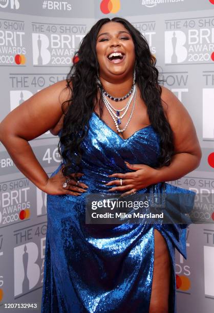 Lizzo poses in the winners rooms at The BRIT Awards 2020 at The O2 Arena on February 18, 2020 in London, England.