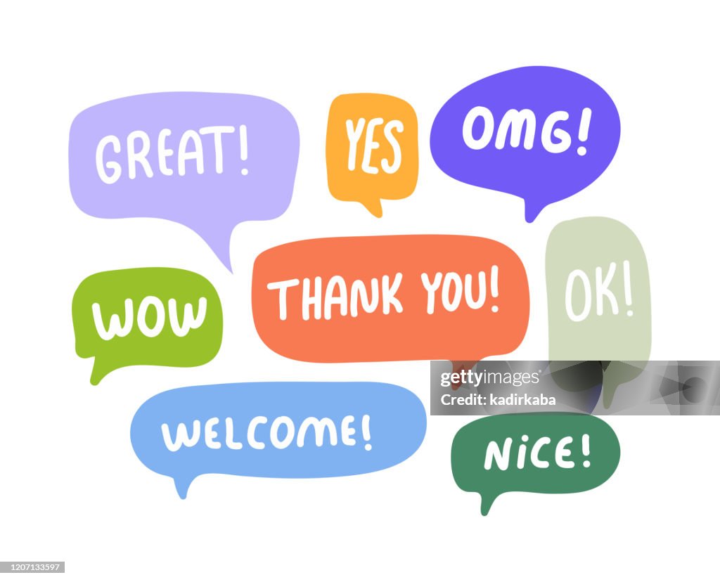 Bolle discorso frasi brevi, Grande, Sì, Omg, Wow, Grazie, Ok, Benvenuto, Nizza